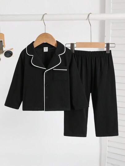 SHEIN مجموعة بيجامة للأطفال الصبيان 2 قطعة، بنطلون وبلوزة كم طويل أسود بياقة كاجوال