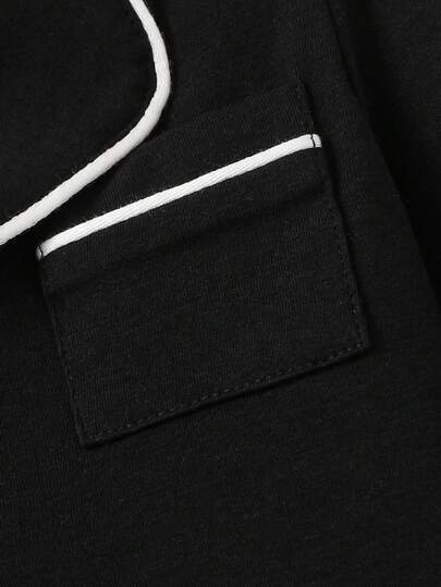 SHEIN مجموعة بيجامة للأطفال الصبيان 2 قطعة، بنطلون وبلوزة كم طويل أسود بياقة كاجوال