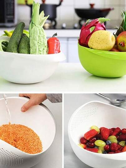 1 قطعة غسالة أرز للمطبخ، منخل، حوض غسيل بلاستيكي، غسالة أرز متعددة الوظائف، منخل أرز، سلة تصريف بلاستيكية، سلة تنظيف خضروات وفواكه منزلية، تصميم مثقب، تصريف فعال، أداة مطبخ متينة. مناسبة لغسل وتصريف الخضروات والفواكه والأرز.