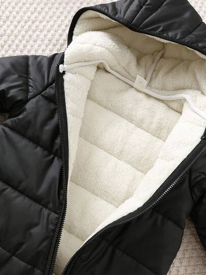 SHEIN جمبسوت شتوية مقنعة من الفليس للأطفال حديثي الولادة، أسود، خريف/شتاء