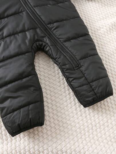 SHEIN جمبسوت شتوية مقنعة من الفليس للأطفال حديثي الولادة، أسود، خريف/شتاء