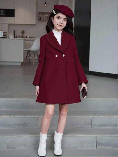 SHEIN معطف أحمر ذو طراز كلاسيكي للبنات المراهقات مع قبعة، للأعياد والأعياد الشتوية