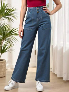 SHEIN بنطلون جينز كاجوال بوهيمي للفتيات المراهقات، ذو جيوب مائلة وساق واسعة، مناسب للاستخدام اليومي