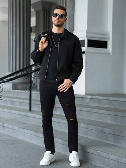 Manfinity CasualCool معطف طويل الأكمام أسود مزود بسحاب من Manfinity، مثالي للهالوين والكريسماس والملابس اليومية والمناسبات الرسمية، هدية مثالية للأصدقاء والأزواج في المناسبات والأعياد، مناسب للخريف والشتاء