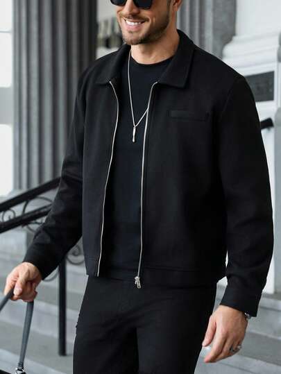 Manfinity CasualCool معطف طويل الأكمام أسود مزود بسحاب من Manfinity، مثالي للهالوين والكريسماس والملابس اليومية والمناسبات الرسمية، هدية مثالية للأصدقاء والأزواج في المناسبات والأعياد، مناسب للخريف والشتاء