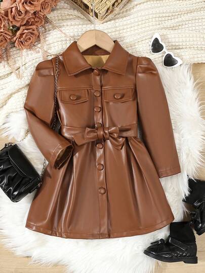 SHEIN Elladie kids جاكيت جلدية أنيقة أحادية الصدر للفتيات الصغيرات