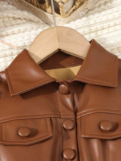 SHEIN Elladie kids جاكيت جلدية أنيقة أحادية الصدر للفتيات الصغيرات