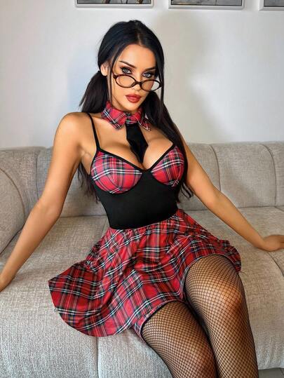 SHEIN طقم ملابس داخلية نسائية مثير من الحرير المطبوع، مرن وضيق الخصر، مناسب للاستخدام في عيد الميلاد