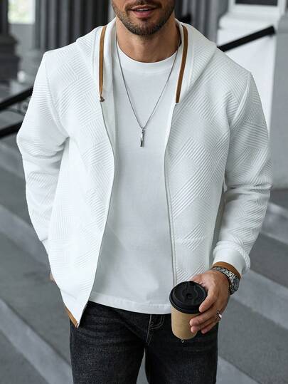 Manfinity CasualCool هودي كاجوال بأكمام طويلة وسحاب أمامي من قماش ذو ملمس، خريفي