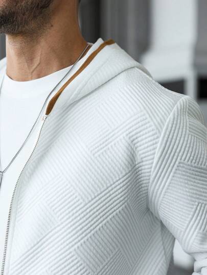 Manfinity CasualCool هودي كاجوال بأكمام طويلة وسحاب أمامي من قماش ذو ملمس، خريفي