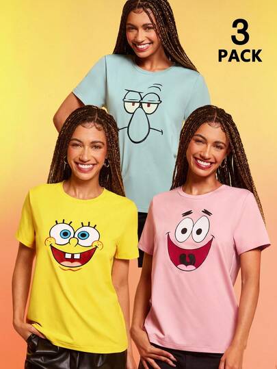 SpongeBob SquarePants X 3 قطع تي شيرت نسائي بياقة مستديرة وأكمام قصيرة بطبعات كرتونية