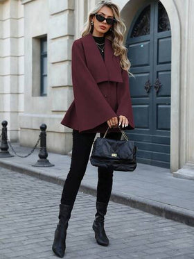 EMERY ROSE معطف نسائي أنيق للتنقل اليومي بطراز فرنسي، طوق منقلب على شكل حرف V، أزرار مزدوجة أمامية مفتوحة، قصة A-line مطوية، أكمام واسعة مرتخية، أكمام طويلة، مناسب للربيع والخريف والشتاء