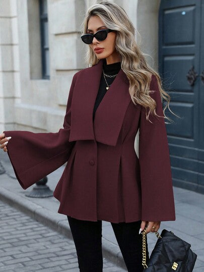 EMERY ROSE معطف نسائي أنيق للتنقل اليومي بطراز فرنسي، طوق منقلب على شكل حرف V، أزرار مزدوجة أمامية مفتوحة، قصة A-line مطوية، أكمام واسعة مرتخية، أكمام طويلة، مناسب للربيع والخريف والشتاء