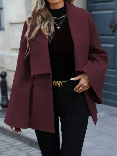 EMERY ROSE معطف نسائي أنيق للتنقل اليومي بطراز فرنسي، طوق منقلب على شكل حرف V، أزرار مزدوجة أمامية مفتوحة، قصة A-line مطوية، أكمام واسعة مرتخية، أكمام طويلة، مناسب للربيع والخريف والشتاء