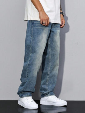 Manfinity Homme بنطلون جينز رجالي فضفاض بساق مستقيمة ، بلون أزرق داكن, جينز مستقيم مغسول طويل ،بنطلون جينز كارجو مغسول, هدية للزوج أو الحبيب