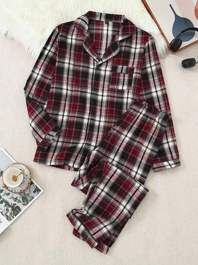 SHEIN بدلة بيجاما كاجوال قطعتين من ملابس علوية كم طويل وبنطال ذات طراز كلاسيكي أحمر وأبيض مربعات، ملابس خريف وشتاء