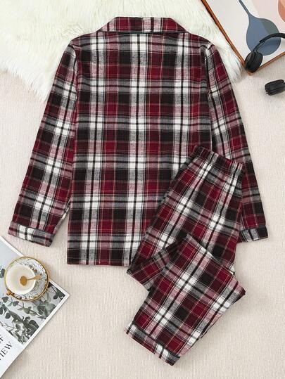 SHEIN بدلة بيجاما كاجوال قطعتين من ملابس علوية كم طويل وبنطال ذات طراز كلاسيكي أحمر وأبيض مربعات، ملابس خريف وشتاء