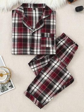 SHEIN بدلة بيجاما كاجوال قطعتين من ملابس علوية كم طويل وبنطال ذات طراز كلاسيكي أحمر وأبيض مربعات، ملابس خريف وشتاء