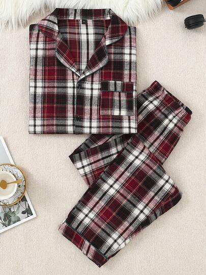 SHEIN بدلة بيجاما كاجوال قطعتين من ملابس علوية كم طويل وبنطال ذات طراز كلاسيكي أحمر وأبيض مربعات، ملابس خريف وشتاء