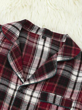 SHEIN بدلة بيجاما كاجوال قطعتين من ملابس علوية كم طويل وبنطال ذات طراز كلاسيكي أحمر وأبيض مربعات، ملابس خريف وشتاء