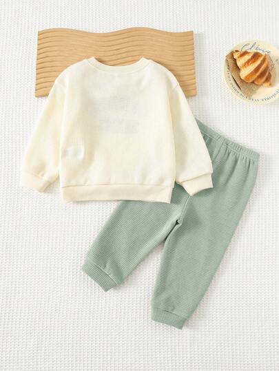 Cozy Pixies مجموعة من قميص ثقيل كرو نيك طويل الأكمام مطبوع بحرف للأطفال الصبيان وبنطلون جوجر بخصر مطاطي، قطعتان