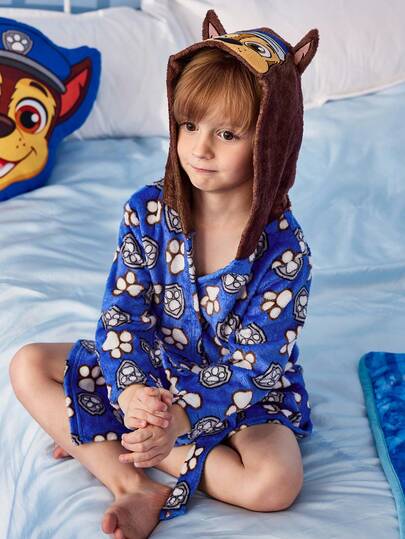 SHEIN | PAW Patrol رداء فرو مبطن بقلنسوة ذات أذن مطبوع عليها بصمات أقدام كلب وصورة طفل صغير وكلب لطيف، ملابس منزلية مناسبة للخريف والشتاء