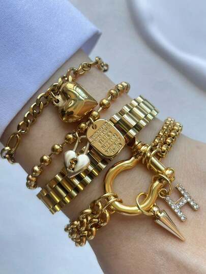 سوار بحرف من A إلى Z باللون الذهبي من STYLEVER، سوار بحرف مرصع بالراين، سوار بإبزيم على شكل حذوة حصان، سوار بقلادة قلب، سلسلة من الفولاذ المقاوم للصدأ، هدية عيد الميلاد، هدية عيد الهالوين