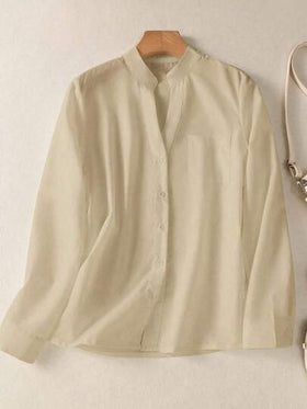 قميص نسائي أنيق بياقة على شكل حرف V وأزرار، بأكمام طويلة، بتفاصيل جيب، مناسب للعطلات والسفر والارتداء اليومي، قطعة أساسية للربيع والصيف والخريف والشتاء
