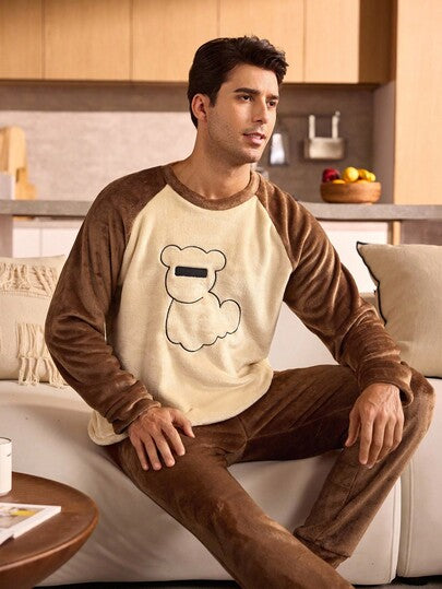Manfinity Underwear&Sleepwear Basics طقم بيجامة رجالي من قطعتين، ملابس علوية بياقة طاقم وأكمام طويلة وبنطلون طويل من القطيفة الناعمة، ملابس خريفية وشتوية مريحة