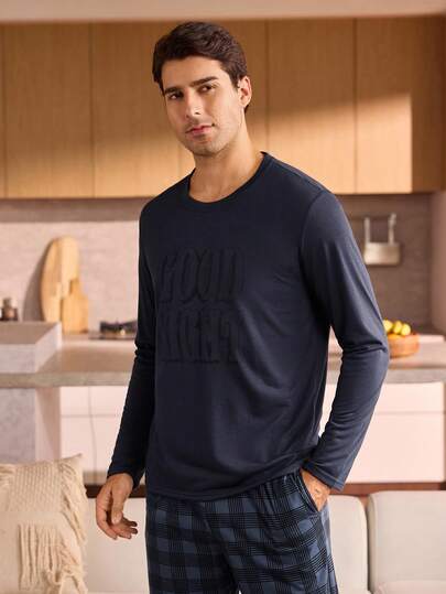 Manfinity Underwear&Sleepwear Basics ملابس علوية رجالية بياقة مستديرة وأكمام طويلة للارتداء المنزلي اليومي، ملابس نوم للخريف والشتاء