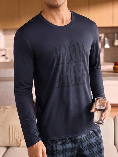 Manfinity Underwear&Sleepwear Basics ملابس علوية رجالية بياقة مستديرة وأكمام طويلة للارتداء المنزلي اليومي، ملابس نوم للخريف والشتاء