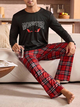 Manfinity Underwear&Sleepwear Basics بيجامة رجالية مقاس كبير (ملابس علوية بأكمام طويلة وبنطلون، قطعتان)