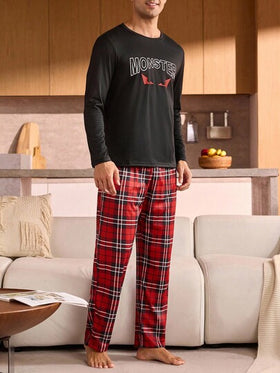 Manfinity Underwear&Sleepwear Basics بيجامة رجالية مقاس كبير (ملابس علوية بأكمام طويلة وبنطلون، قطعتان)