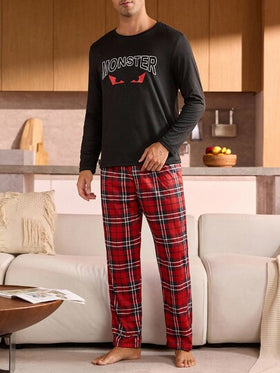 Manfinity Underwear&Sleepwear Basics بيجامة رجالية مقاس كبير (ملابس علوية بأكمام طويلة وبنطلون، قطعتان)
