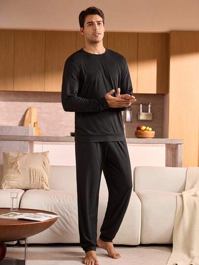 Manfinity Underwear&Sleepwear Basics بيجامة رجالية مكونة من ملابس علوية بياقة طاقم وبنطلون ذات لون واحد، أكمام طويلة، ملابس منزلية للخريف والشتاء