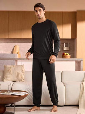 Manfinity Underwear&Sleepwear Basics بيجامة رجالية مكونة من ملابس علوية بياقة طاقم وبنطلون ذات لون واحد، أكمام طويلة، ملابس منزلية للخريف والشتاء