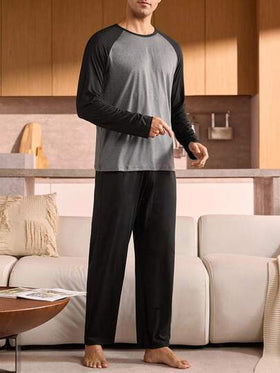 Manfinity Underwear&Sleepwear Basics بيجامة رجالية مقاس كبير مجموعة (ملابس علوية وبنطلون) بتصميم لوحة ألوان متباينة، ملابس خريفية