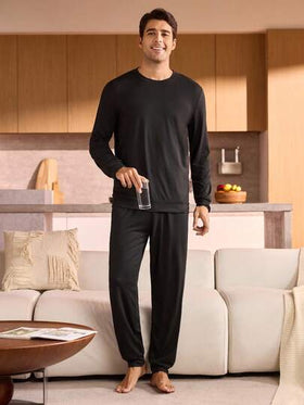 Manfinity Underwear&Sleepwear Basics بيجامة رجالية مكونة من ملابس علوية بياقة طاقم وبنطلون ذات لون واحد، أكمام طويلة، ملابس منزلية للخريف والشتاء