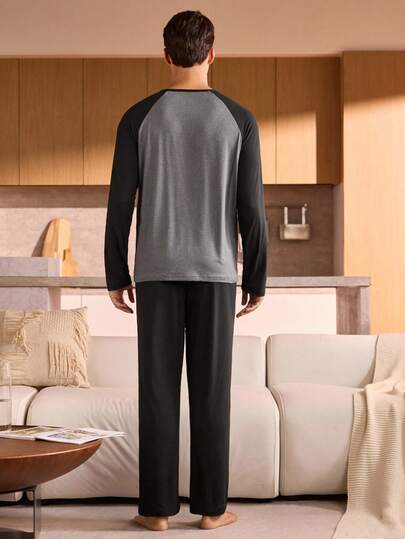 Manfinity Underwear&Sleepwear Basics بيجامة رجالية مقاس كبير مجموعة (ملابس علوية وبنطلون) بتصميم لوحة ألوان متباينة، ملابس خريفية
