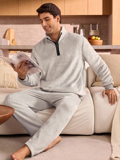Manfinity Underwear&Sleepwear Basics بدلة رياضية رجالية من الفليس ذات ياقة عالية وأزرار نصفية، ملابس علوية بأكمام طويلة وبنطال فضفاض، بتصميم مريح وناعم، ملابس خريف وشتاء