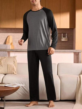 Manfinity Underwear&Sleepwear Basics بيجامة رجالية مقاس كبير مجموعة (ملابس علوية وبنطلون) بتصميم لوحة ألوان متباينة، ملابس خريفية