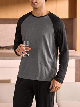 Manfinity Underwear&Sleepwear Basics بيجامة رجالية مقاس كبير مجموعة (ملابس علوية وبنطلون) بتصميم لوحة ألوان متباينة، ملابس خريفية