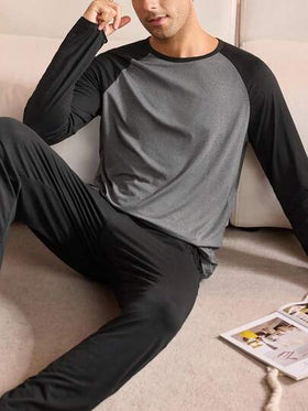Manfinity Underwear&Sleepwear Basics بيجامة رجالية مقاس كبير مجموعة (ملابس علوية وبنطلون) بتصميم لوحة ألوان متباينة، ملابس خريفية