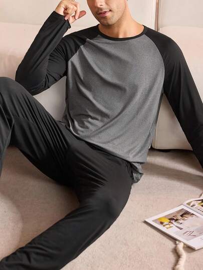 Manfinity Underwear&Sleepwear Basics بيجامة رجالية مقاس كبير مجموعة (ملابس علوية وبنطلون) بتصميم لوحة ألوان متباينة، ملابس خريفية