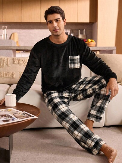 Manfinity Underwear&Sleepwear Basics بيجامة من قطعتين (ملابس علوية وبنطلون) بأكمام طويلة مربعات، من الفليس الناعم والدافئ للرجال، ملابس خريف وشتاء مريحة