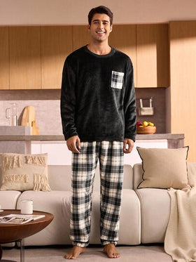 Manfinity Underwear&Sleepwear Basics بيجامة من قطعتين (ملابس علوية وبنطلون) بأكمام طويلة مربعات، من الفليس الناعم والدافئ للرجال، ملابس خريف وشتاء مريحة