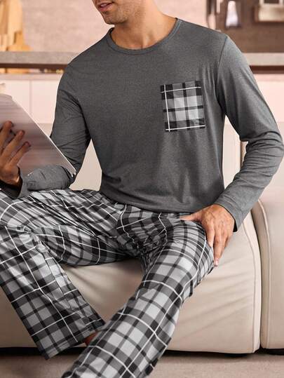 Manfinity Underwear&Sleepwear Basics بيجامة رجالية كبيرة الحجم بأكمام طويلة وجيب مربعات