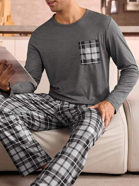 Manfinity Underwear&Sleepwear Basics بيجامة رجالية كبيرة الحجم بأكمام طويلة وجيب مربعات