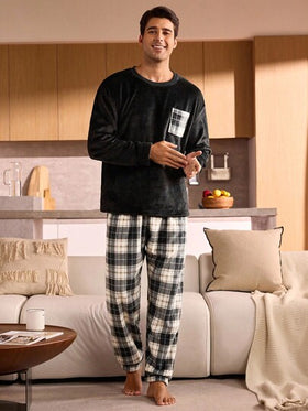 Manfinity Underwear&Sleepwear Basics بيجامة من قطعتين (ملابس علوية وبنطلون) بأكمام طويلة مربعات، من الفليس الناعم والدافئ للرجال، ملابس خريف وشتاء مريحة