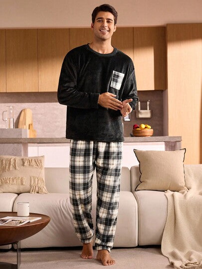 Manfinity Underwear&Sleepwear Basics بيجامة من قطعتين (ملابس علوية وبنطلون) بأكمام طويلة مربعات، من الفليس الناعم والدافئ للرجال، ملابس خريف وشتاء مريحة